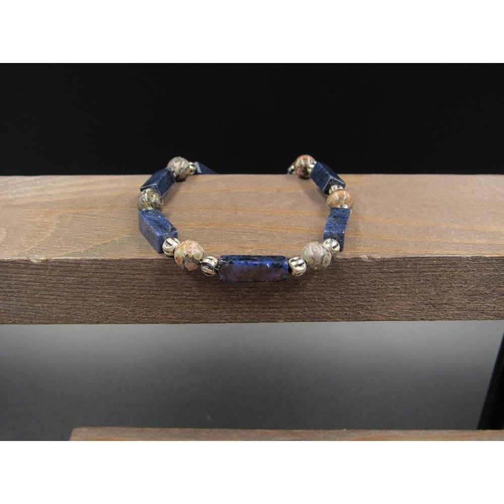 7" Silver Tone Blue Black Rectangle Stone Bracelet Vintage Elegant Beautiful